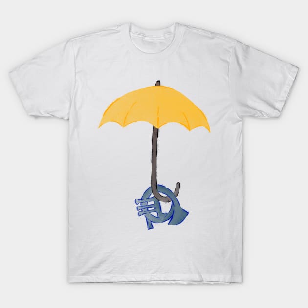 Yellow umbrella and blue horn T-Shirt by Uwaki